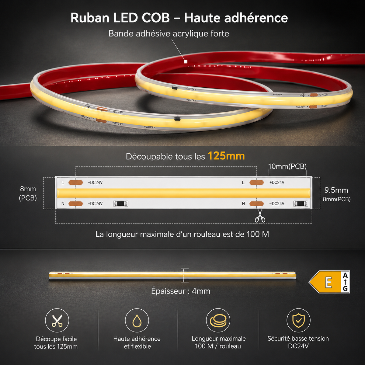 Ruban LED COB 220V Pro IP67 RA90+ — Blanc Chaud 3000K